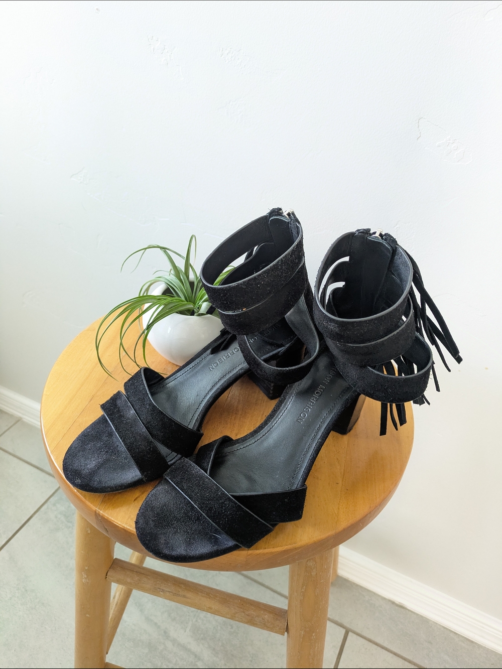 Sigerson Morrison Black Suede Fringe Ankle-Strap Heels